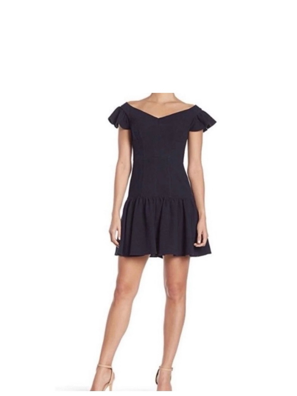 Rebecca Taylor Sz 10 Off-Shoulder Navy Blue Ruffle Hem Mini Dress Classic Elegan